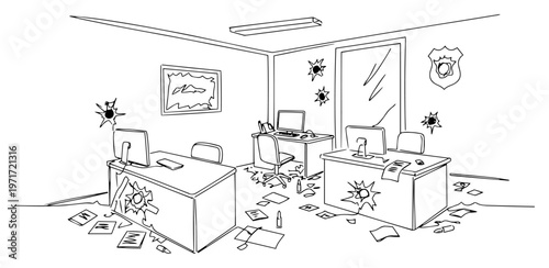 Crime scene in office with bullet holes and scattered papers line art illustration of detective work