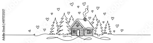 Cozy winter log cabin in pine forest with hearts and smoke one line drawing for romantic retreat
