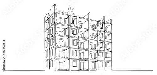 Destroyed apartment building ruins one line drawing war zone and urban disaster concept