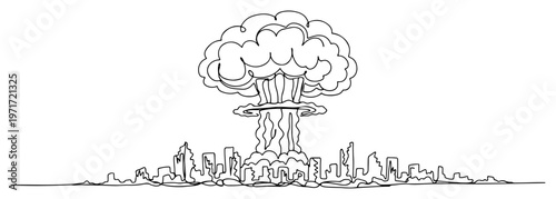 Nuclear explosion mushroom cloud over ruined city skyline one line drawing apocalypse concept