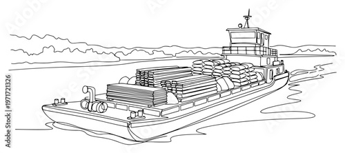 Cargo barge carrying industrial goods on river one line drawing vector illustration of maritime transportation