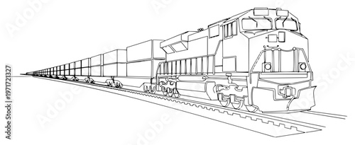 Freight train with cargo containers on railway one line drawing vector for global logistics and transport