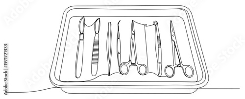 Surgical instruments set on medical tray one line drawing of scalpel scissors and clamps for surgery