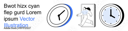 Time management, transition, scheduling, productivity, deadlines, punctuality. A clock, a person stepping through a door and another clock. Time management and transition illustrated