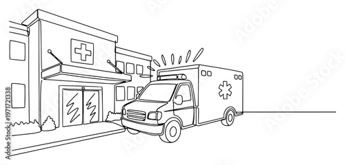 Ambulance car arriving at hospital emergency entrance one line drawing of medical rescue concept