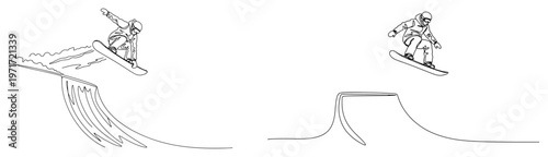 Snowboarder jumping in winter park one line drawing vector for extreme winter sports and freestyle boarding concept