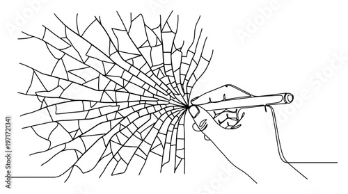 Hand with stylus pen touching shattered glass screen one line drawing for digital repair or technology concept