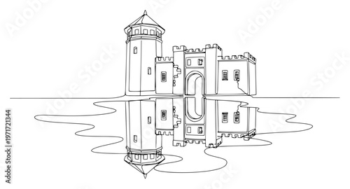 Medieval castle fortress with water reflection one line drawing vector for history and tourism concept