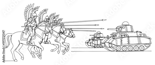 Polish Winged Hussars cavalry charging against tanks historical anachronism and contrast concept line art