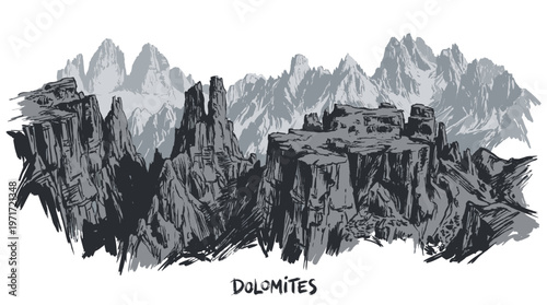 A dramatic, monochromatic illustration of the jagged, rocky peaks and sheer cliffs of the Dolomites mountain range.