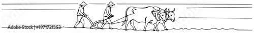 Traditional farmers plowing field with oxen one line drawing for historical agriculture or organic farming concept