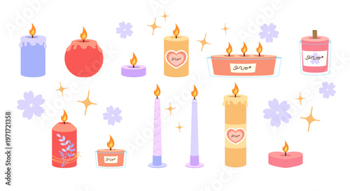 Various colorful burning candles with simple flat style on a white background, representing warmth and relaxation in a cozy concept. Hand-drawn vector illustration