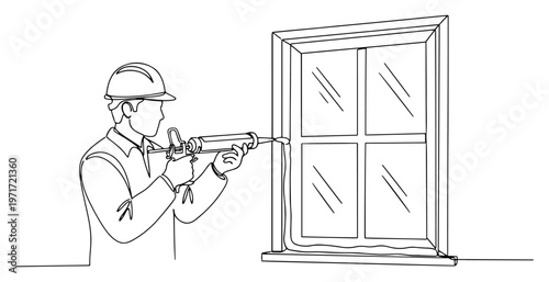 Construction worker applying sealant to window frame one line drawing for renovation and insulation concept
