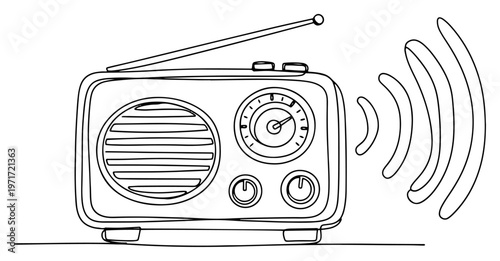 Vintage retro radio with antenna and sound waves one line drawing for broadcasting and podcasting concept