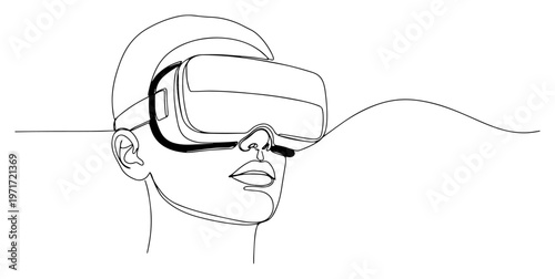 Person wearing VR headset one line drawing for virtual reality metaverse and technology concept