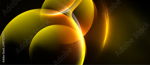 Abstract golden shapes overlap, creating luminous curves. Dark background emphasizes bright, flowing design. Modern, dynamic composition.