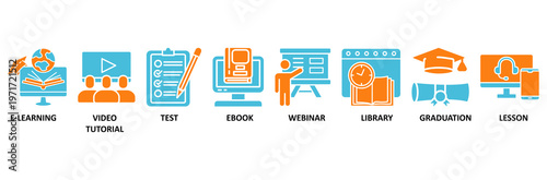 Online learning icon set Aqua Orange Flat concept for e-learning, video tutorial,  test, ebook, webinar, library, graduation, lesson