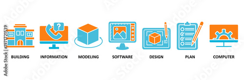 BIM icon set Aqua Orange Flat concept for building information modeling with icon of building, information, modeling, software, design, plan, and computer