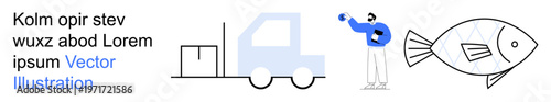 Freight logistics, manual labor, fishing, supply chain, packaging, transportation. Minimalist truck, worker holding an item and fish design. Freight logistics and manual labor