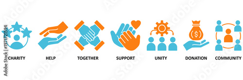 Volunteering icon set Aqua Orange Flat concept for volunteer aid assistant with icon of charity, help, together, support, unity, donation, and community