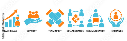 Working together icon set Aqua Orange Flat concept for team management with an icon of collaboration, reach goals, team spirit, support, communication, and exchange