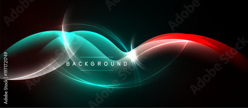 Abstract glowing lines form wave shapes. Dark background enhances vibrant red, teal colors. Modern design element.
