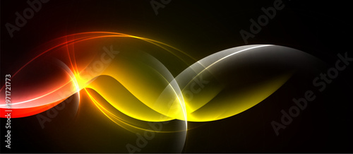 Abstract light waves flow, vibrant colors blend. Dynamic energy radiates from dark background. Smooth curves create visual interest.