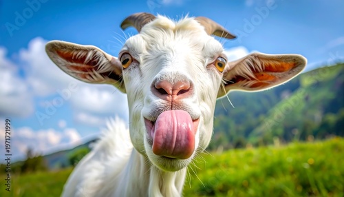 Goat with tongue out in a sunny field.