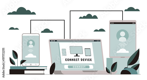 Multiple digital devices connected in a clean flat graphic style on a light background showing communication and cloud sync concept. Hand-drawn vector illustration