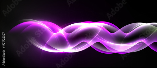 Purple waves flow across black background. Bright light creates dynamic, smooth curves. Abstract design evokes energy, motion.