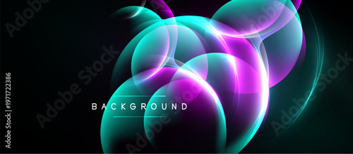 Abstract design features vibrant overlapping circles. Colors shift from teal to magenta. Dark background enhances luminosity, creating dynamic visual effect.