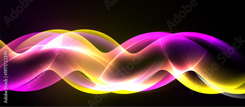 Abstract waves, vibrant colors, flowing design. Pink, yellow, orange hues create dynamic visual effect against black backdrop.
