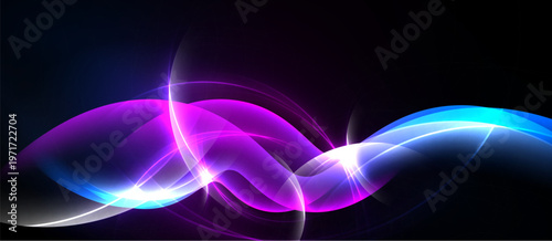Abstract flowing lines, vibrant colors, dark background. Bright energy radiates, creating dynamic visual effect. Smooth curves suggest movement.