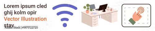 Technology integration, remote work, communication, digital interface, office , innovation. A desk setup with a wireless signal and a touchscreen gesture icon. Technology integration and remote work