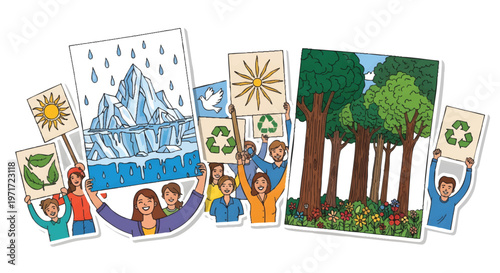 environmental awareness colorful illustration with people holding eco friendly signs