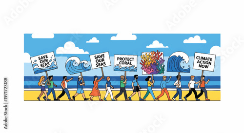 People protesting climate change on a beach with signs