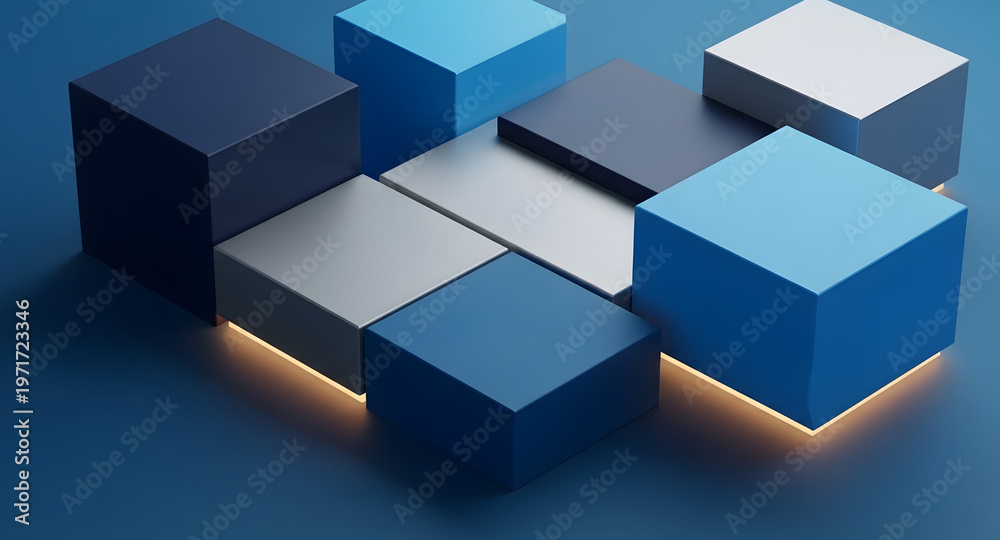 Fototapeta premium An array of blue and silver 3D blocks with subtle warm illumination.
