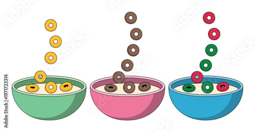 Three bowls of cereal with colorful rings falling in