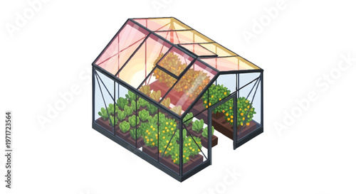 small glass greenhouse with plants inside gardening concept