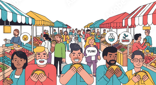 Diverse people eating at outdoor food market stalls happily
