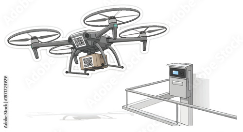Drone delivering package to robotic mail box with screen