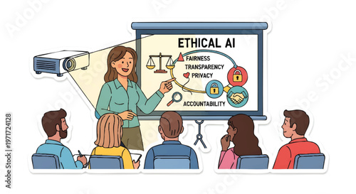 Businesswoman teaching ethical AI concepts to students in a classroom