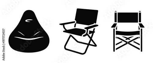 Black Silhouettes of a Beanbag Chair, Folding Chair, and Director's Chair