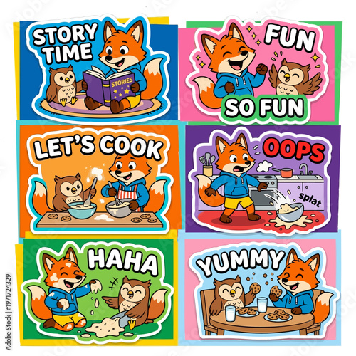 6 colorful stickers of  Mother's Day Celebration with Happy Family and Kids Activities, Cooking and Fun