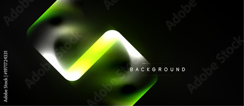 Abstract neon lines form zigzag shape. Dark background enhances vibrant green, white glow. Modern design element.