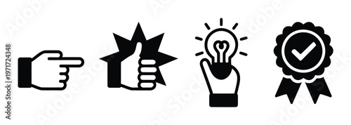 Set of Pointing Finger, Thumbs Up, Lightbulb Idea, and Ribbon