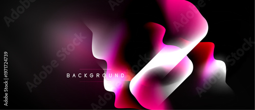 Abstract fluid shapes, vibrant pinks, reds, whites over black background. Modern design, dynamic composition, smooth gradients present.