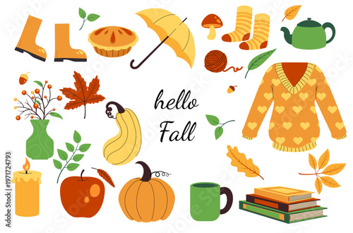Autumn themed objects including clothes, food, plants and accessories in simple flat graphic style on white background evoking fall mood. Hand-drawn vector illustration
