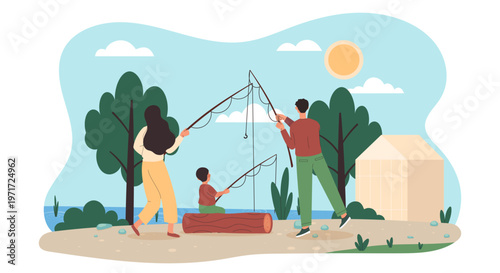 Family fishing together by lakeside in flat graphic style on bright outdoor background showing leisure and bonding concept. Hand-drawn vector illustration