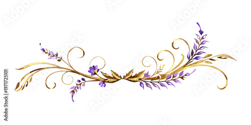 Elegant gold and purple lavender floral divider, vector